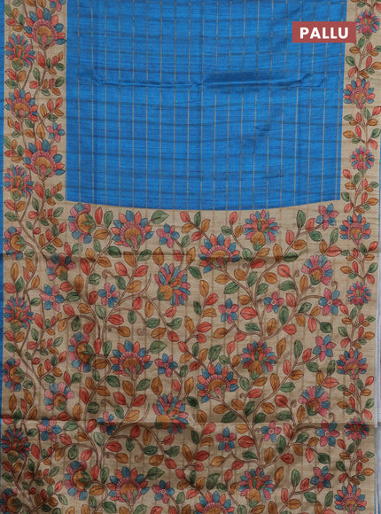 Semi tussar saree cs blue and beige with allover zari checked pattern and kalamkari printed pallu
