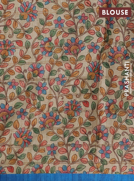Semi tussar saree cs blue and beige with allover zari checked pattern and kalamkari printed pallu