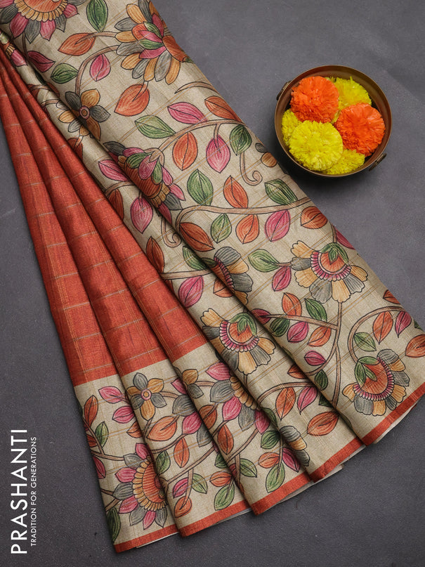 Semi tussar saree rustic orange and beige with allover zari checked pattern and kalamkari printed pallu