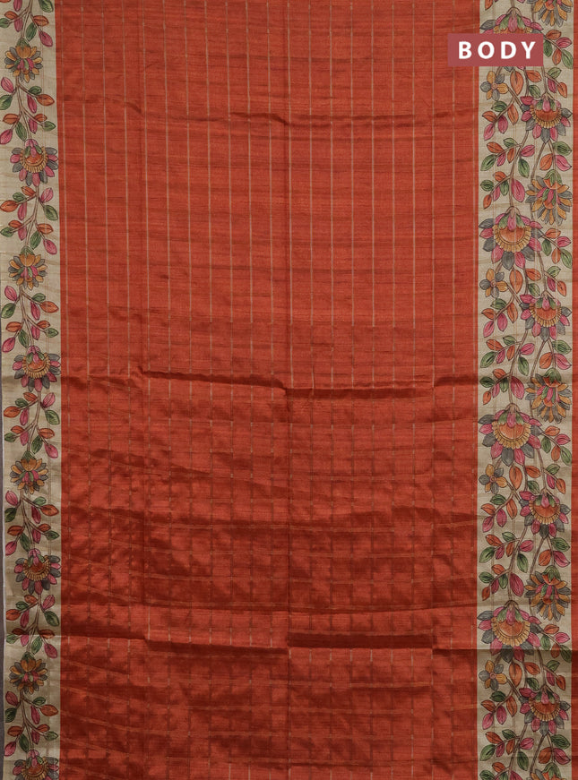 Semi tussar saree rustic orange and beige with allover zari checked pattern and kalamkari printed pallu