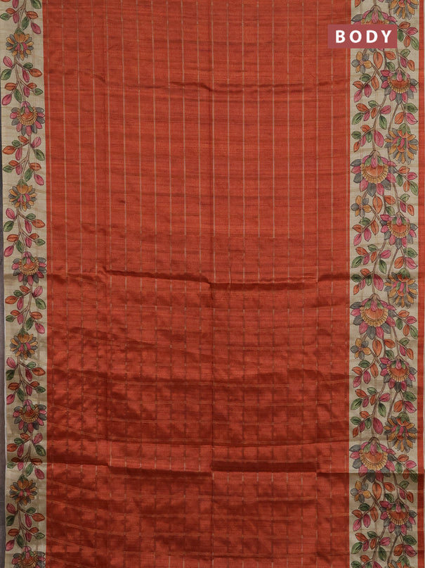 Semi tussar saree rustic orange and beige with allover zari checked pattern and kalamkari printed pallu