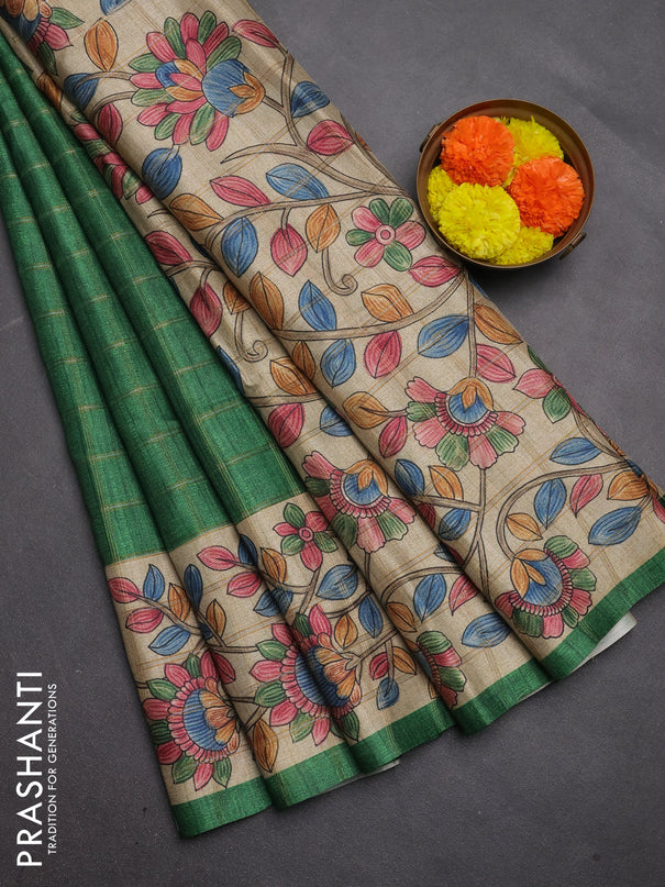 Semi tussar saree green and beige with allover zari checked pattern and kalamkari printed pallu