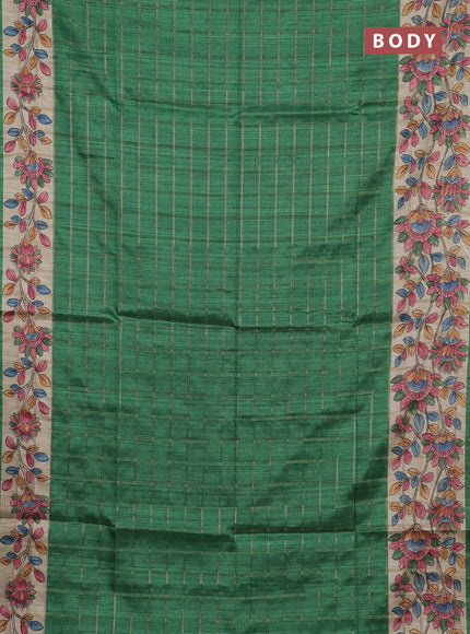 Semi tussar saree green and beige with allover zari checked pattern and kalamkari printed pallu