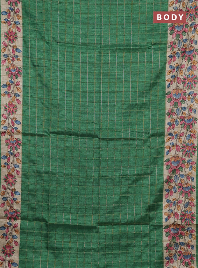 Semi tussar saree green and beige with allover zari checked pattern and kalamkari printed pallu