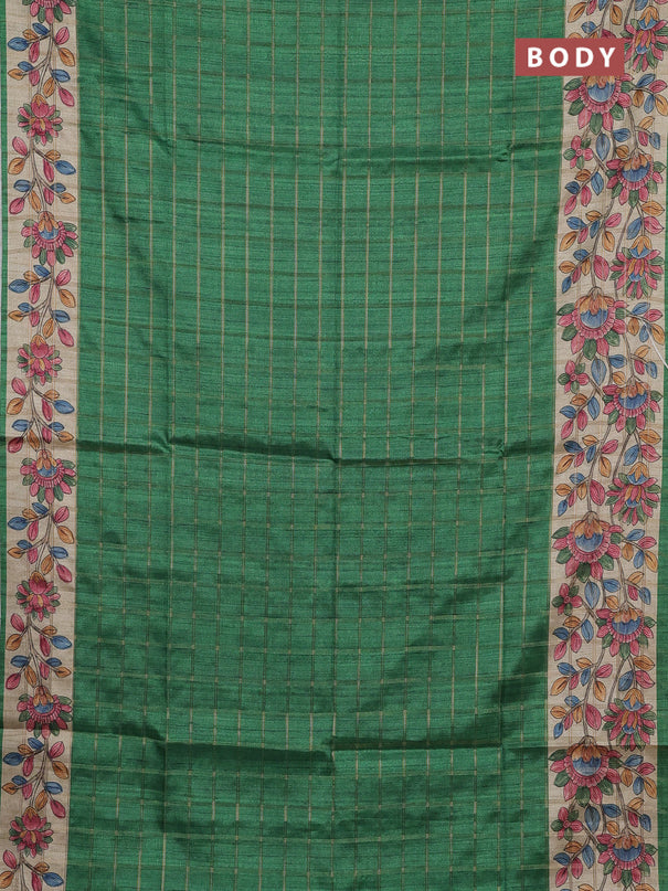 Semi tussar saree green and beige with allover zari checked pattern and kalamkari printed pallu