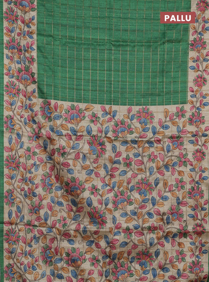 Semi tussar saree green and beige with allover zari checked pattern and kalamkari printed pallu