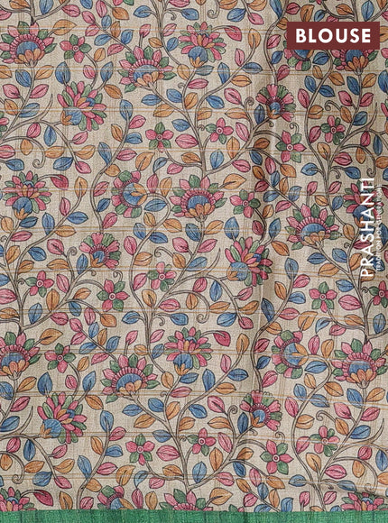 Semi tussar saree green and beige with allover zari checked pattern and kalamkari printed pallu