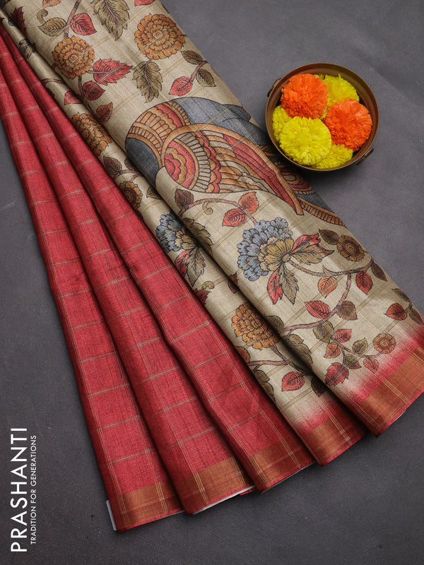 Semi tussar saree maroon and beige with allover zari checked pattern and kalamkari printed pallu