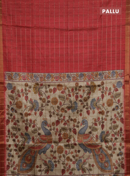 Semi tussar saree maroon and beige with allover zari checked pattern and kalamkari printed pallu