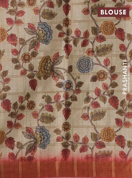 Semi tussar saree maroon and beige with allover zari checked pattern and kalamkari printed pallu