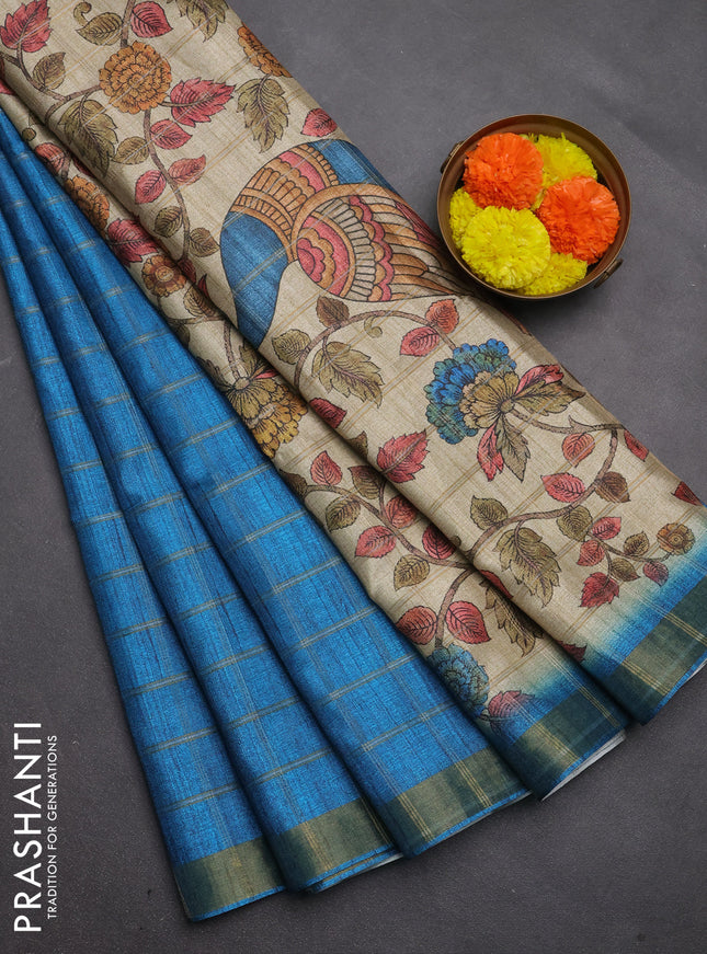 Semi tussar saree cs blue and beige with allover zari checked pattern and kalamkari printed pallu