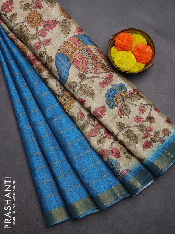 Semi tussar saree cs blue and beige with allover zari checked pattern and kalamkari printed pallu