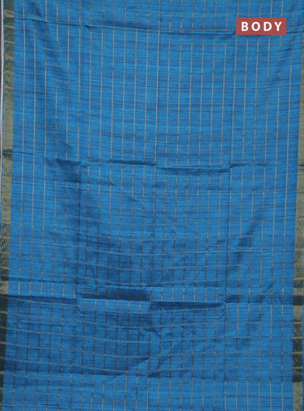 Semi tussar saree cs blue and beige with allover zari checked pattern and kalamkari printed pallu