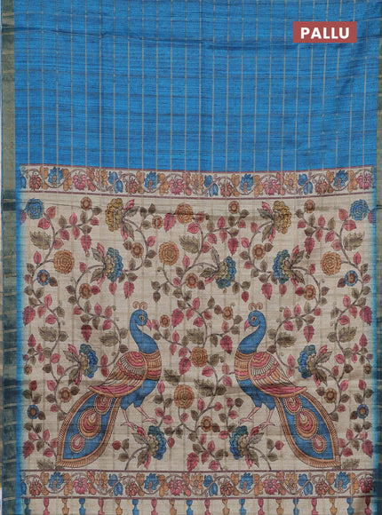 Semi tussar saree cs blue and beige with allover zari checked pattern and kalamkari printed pallu