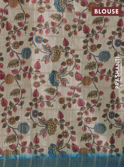 Semi tussar saree cs blue and beige with allover zari checked pattern and kalamkari printed pallu