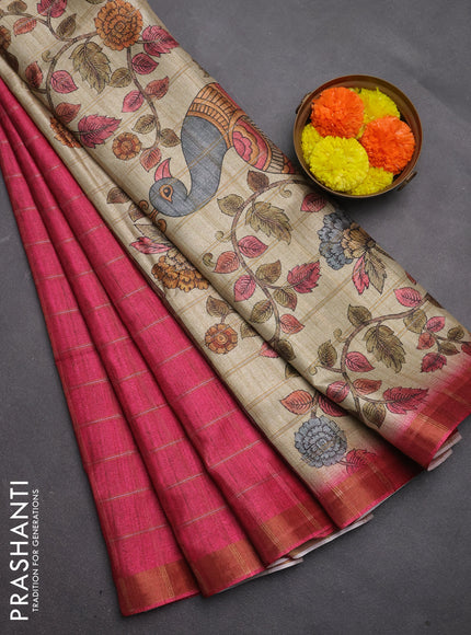 Semi tussar saree pink and beige with allover zari checked pattern and kalamkari printed pallu