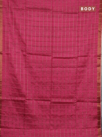 Semi tussar saree pink and beige with allover zari checked pattern and kalamkari printed pallu