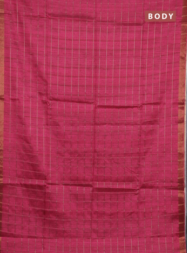 Semi tussar saree pink and beige with allover zari checked pattern and kalamkari printed pallu