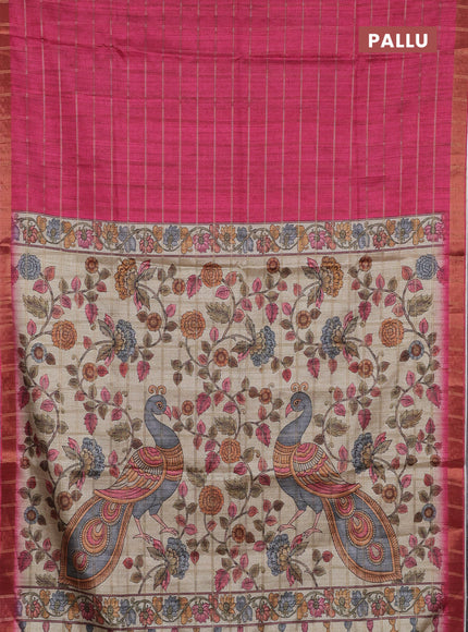 Semi tussar saree pink and beige with allover zari checked pattern and kalamkari printed pallu