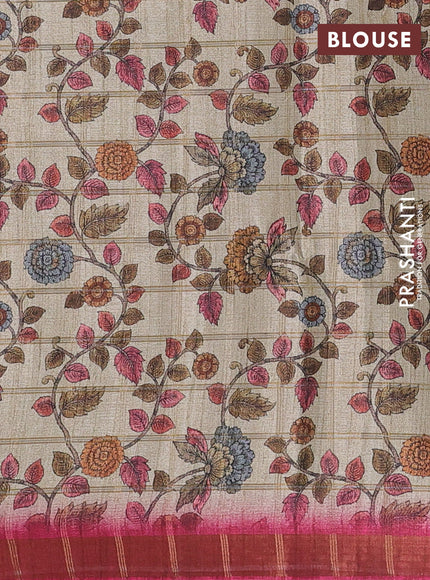 Semi tussar saree pink and beige with allover zari checked pattern and kalamkari printed pallu