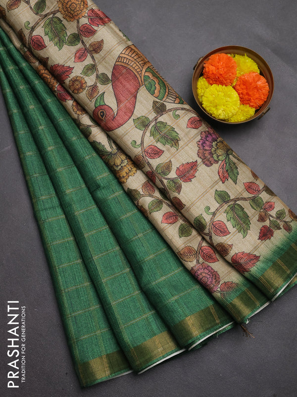 Semi tussar saree green and beige with allover zari checked pattern and kalamkari printed pallu