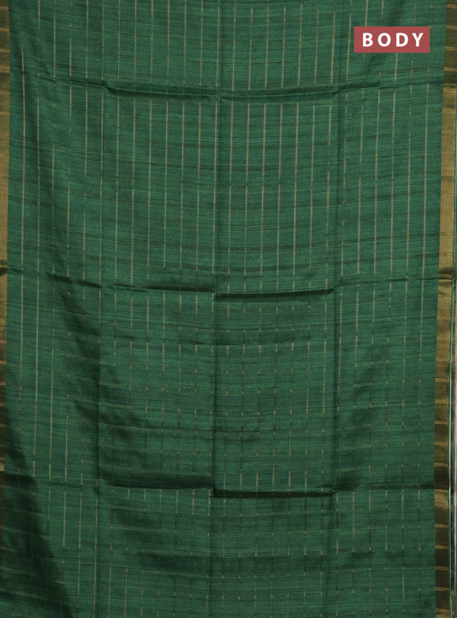 Semi tussar saree green and beige with allover zari checked pattern and kalamkari printed pallu