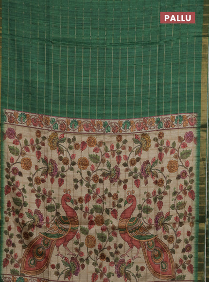 Semi tussar saree green and beige with allover zari checked pattern and kalamkari printed pallu