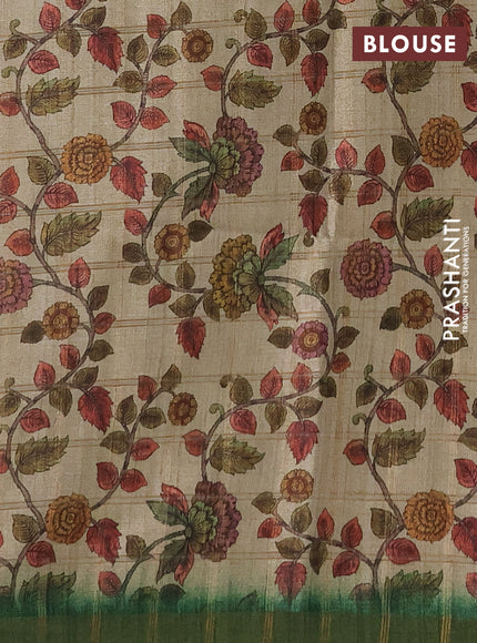 Semi tussar saree green and beige with allover zari checked pattern and kalamkari printed pallu