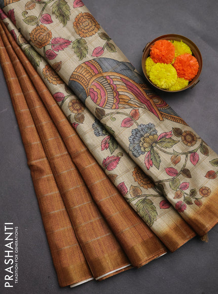 Semi tussar saree dark mustard yellow and beige with allover zari checked pattern and kalamkari printed pallu