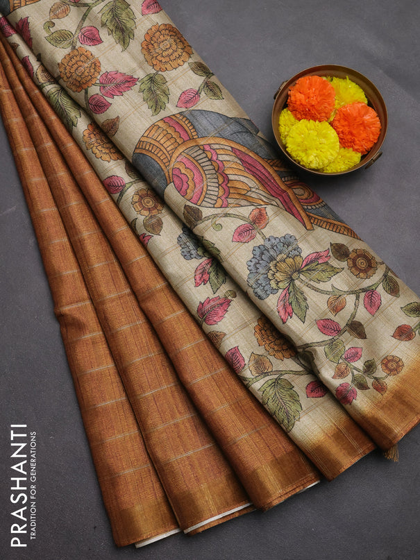 Semi tussar saree dark mustard yellow and beige with allover zari checked pattern and kalamkari printed pallu