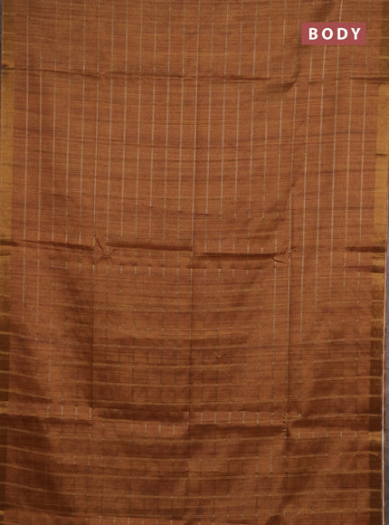 Semi tussar saree dark mustard yellow and beige with allover zari checked pattern and kalamkari printed pallu