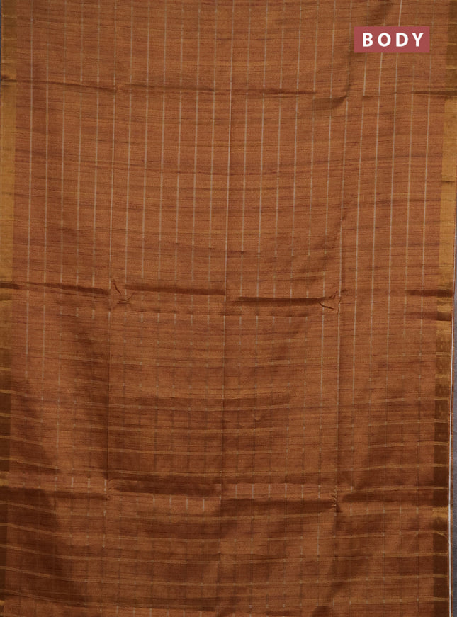 Semi tussar saree dark mustard yellow and beige with allover zari checked pattern and kalamkari printed pallu
