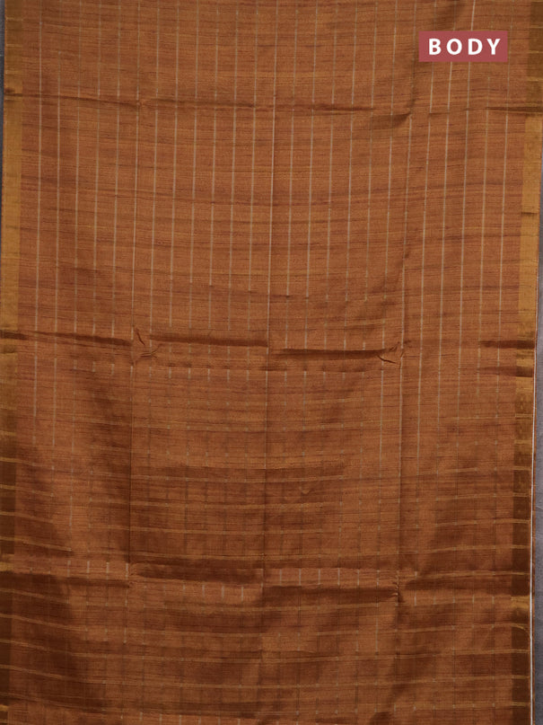 Semi tussar saree dark mustard yellow and beige with allover zari checked pattern and kalamkari printed pallu