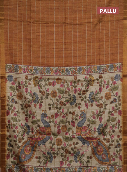 Semi tussar saree dark mustard yellow and beige with allover zari checked pattern and kalamkari printed pallu