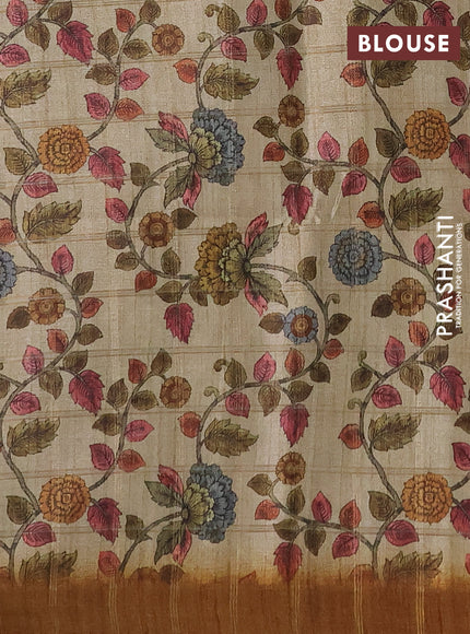 Semi tussar saree dark mustard yellow and beige with allover zari checked pattern and kalamkari printed pallu