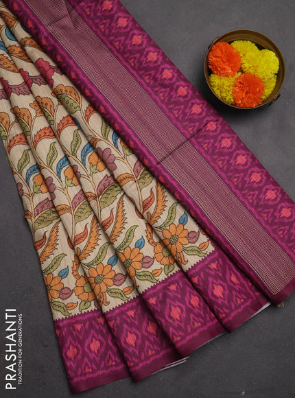 Semi tussar saree beige and magenta pink with allover kalamkari prints and patola printed border