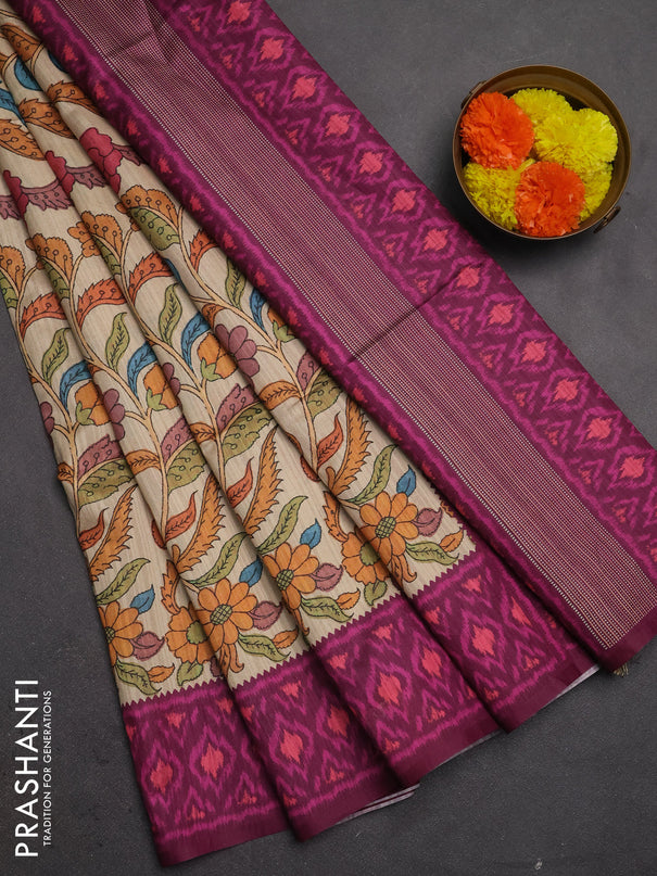 Semi tussar saree beige and magenta pink with allover kalamkari prints and patola printed border