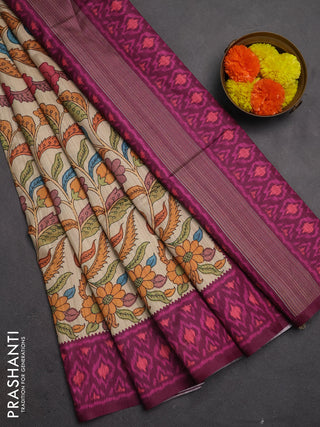 Semi tussar saree beige and magenta pink with allover kalamkari prints and patola printed border