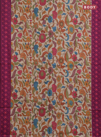 Semi tussar saree beige and magenta pink with allover kalamkari prints and patola printed border
