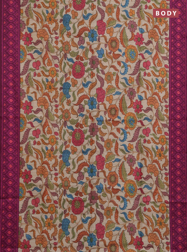 Semi tussar saree beige and magenta pink with allover kalamkari prints and patola printed border