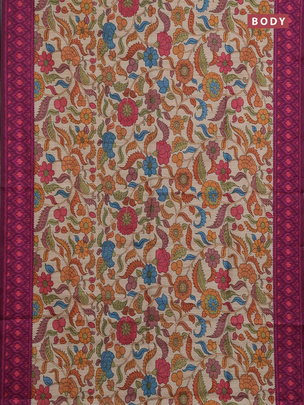 Semi tussar saree beige and magenta pink with allover kalamkari prints and patola printed border