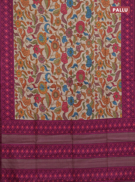 Semi tussar saree beige and magenta pink with allover kalamkari prints and patola printed border