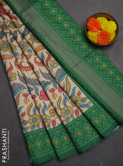 Semi tussar saree beige and green with allover kalamkari prints and patola printed border