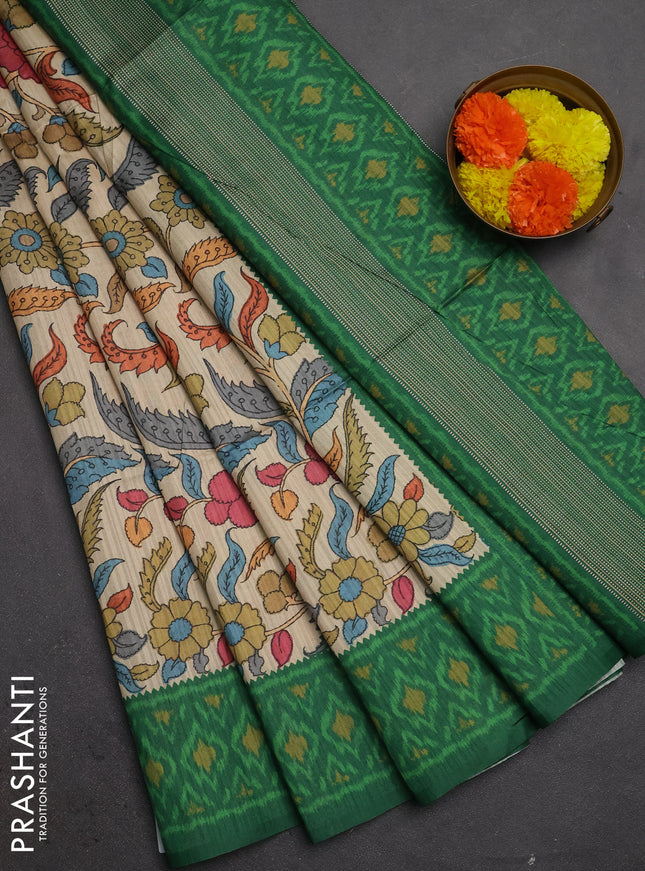 Semi tussar saree beige and green with allover kalamkari prints and patola printed border