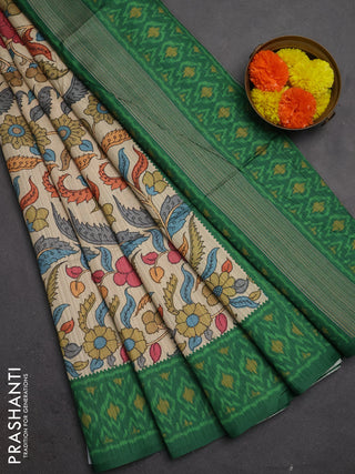 Semi tussar saree beige and green with allover kalamkari prints and patola printed border