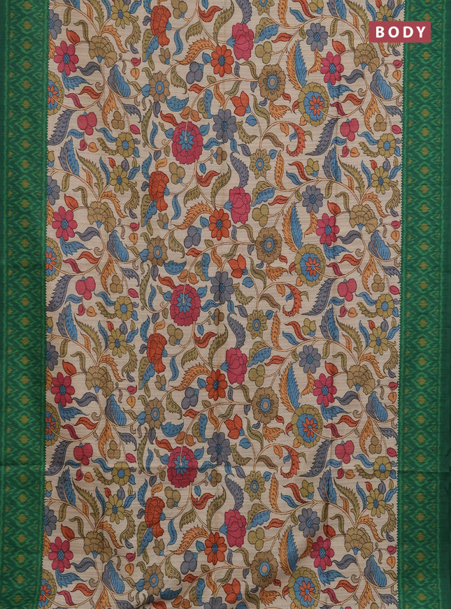 Semi tussar saree beige and green with allover kalamkari prints and patola printed border