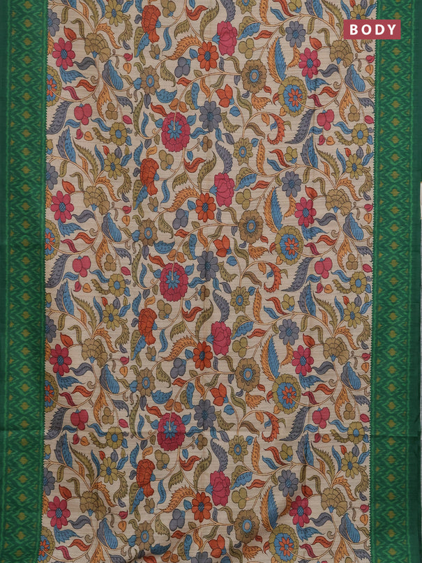 Semi tussar saree beige and green with allover kalamkari prints and patola printed border