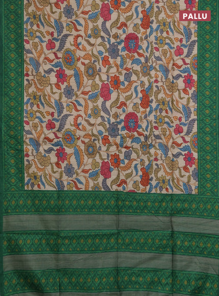 Semi tussar saree beige and green with allover kalamkari prints and patola printed border