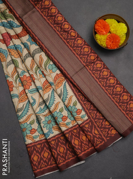 Semi tussar saree beige and coffee brown with allover kalamkari prints and patola printed border