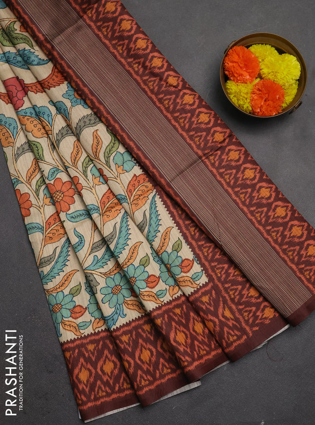 Semi tussar saree beige and coffee brown with allover kalamkari prints and patola printed border